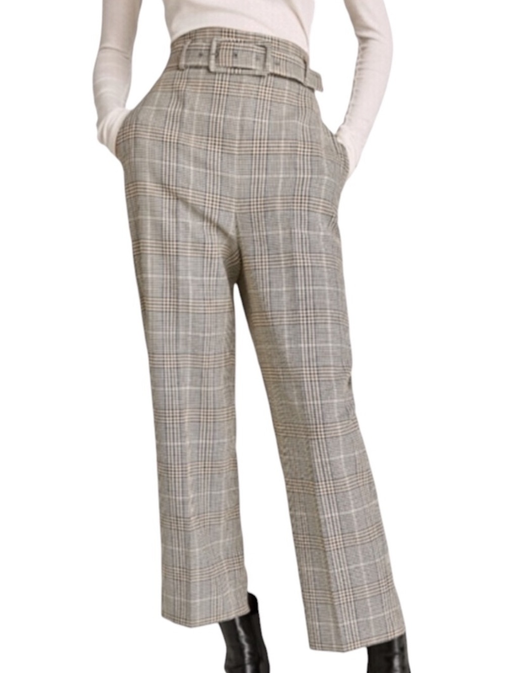 LN Zara Houndstooth Plaid Belted Cropped High Waist Trousers Pants - S